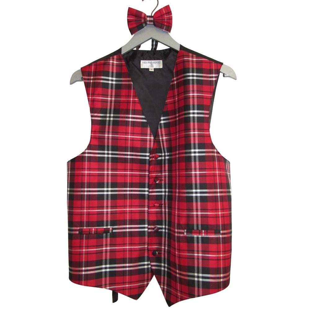 Vesuvio Napoli Italy Red Tartan Plaid‎ Dress Vest & Bow Tie Set M New